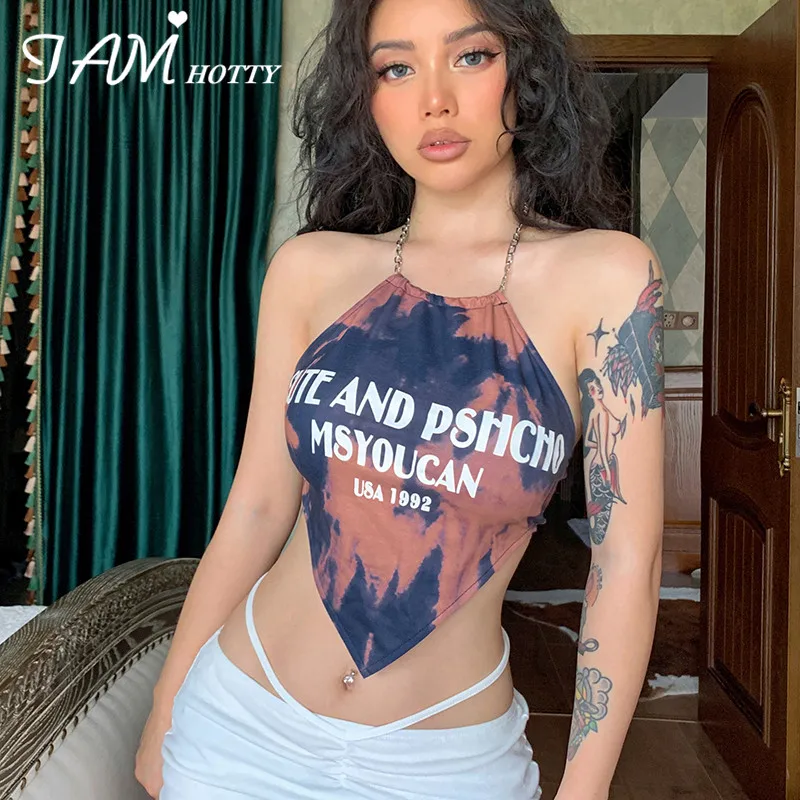 

Vintage Sleeveless Chains Halter Cami Top Tee Women Sexy Backless Bandage Corset Crop Tops Summer Beach Clubwear Outfit Iamhotty