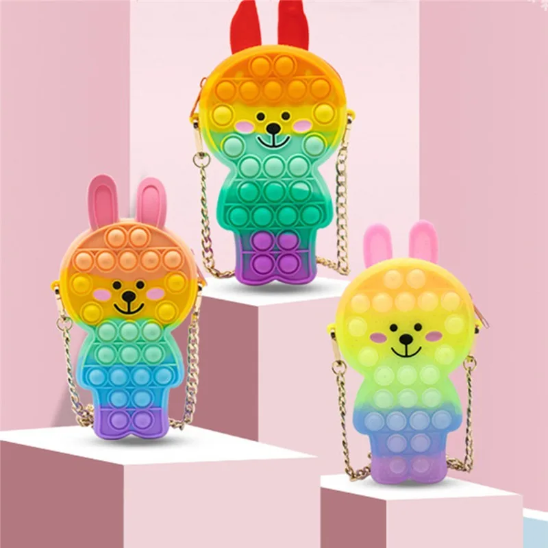 

Rainbow Cartoon Rabbit Silicone Zipper Messenger Bag Push Bubble Fidget Toy Colorful Shoulder Bag Stress Relief Fidget Toy