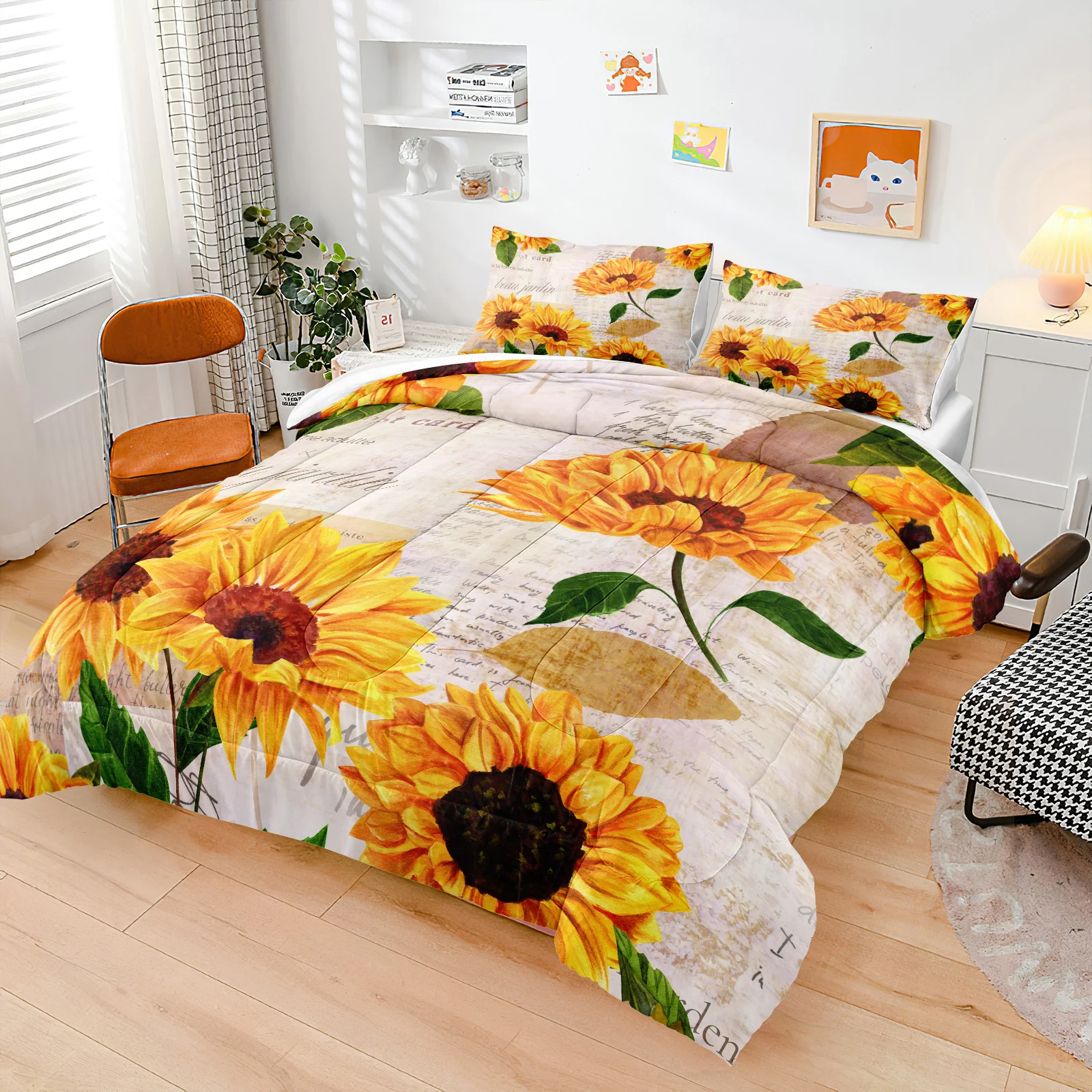 Juego de edred&oacute;n de girasoles con letras para ni&ntilde;os y ni&ntilde;as, ropa de cama con estampado de girasoles, Retro-1