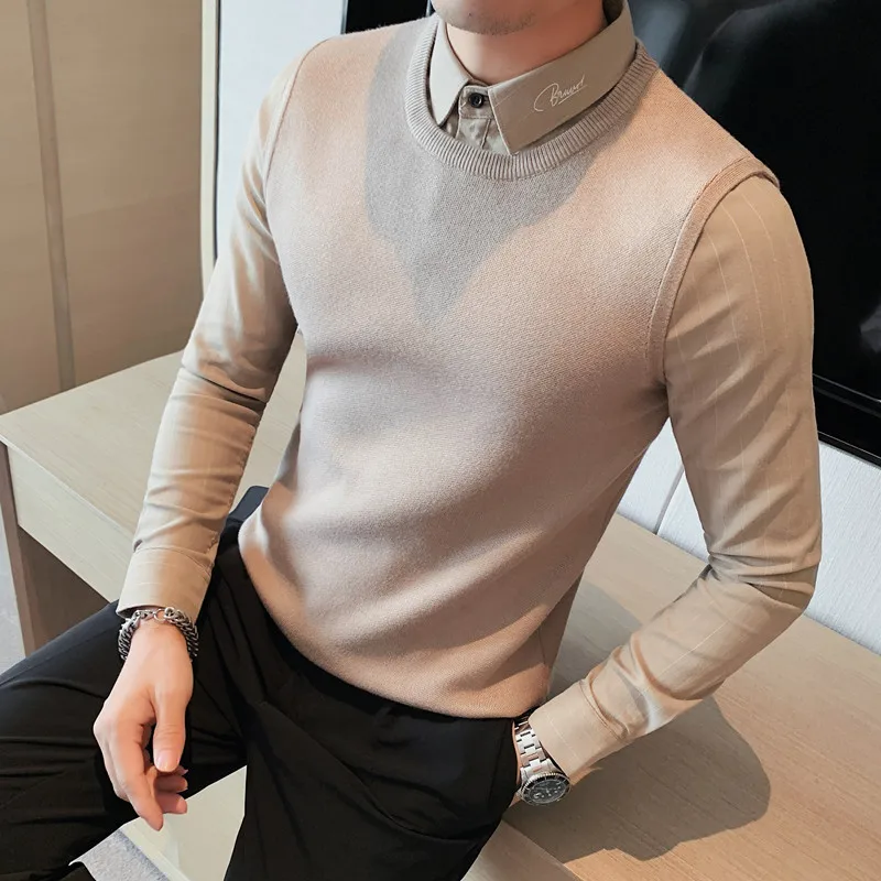 

Autumn Winter Vest Shirt Fake Two-piece Knitted Sweater Men's British Casual Solid Color Slim Long-sleeved Shirt Collar Pullover