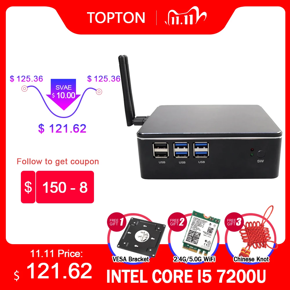 Дешевый мини ПК Intel i3 7167U i5 7200U i7 DDR4/DDR3L Windows 10 Barebone портативный компьютер 4K HTPC медный