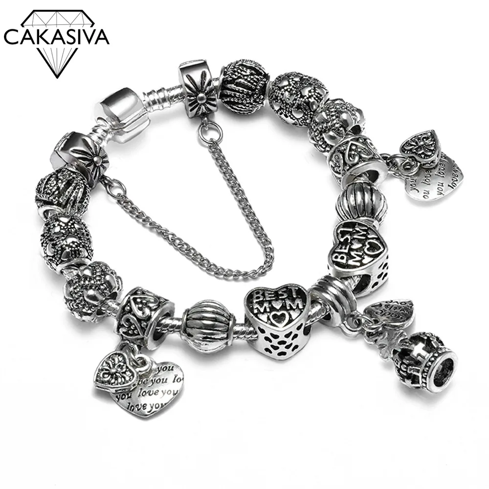 

925 Vintage Thai Silver Crown Peach Heart Engraved Beaded Bracelet Retro Personality Peach Heart Bracelet for Women
