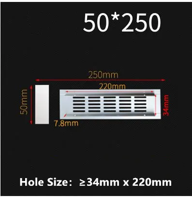 50MM X 250MM Алюминиевый сплав прямоугольная вентиляционная решетка вентиляционная крышка шкаф для обуви шкаф сетка отверстие жалюзи вентиляционное отверстие домашний декор крышка - Цвет: 50MM X 250MM