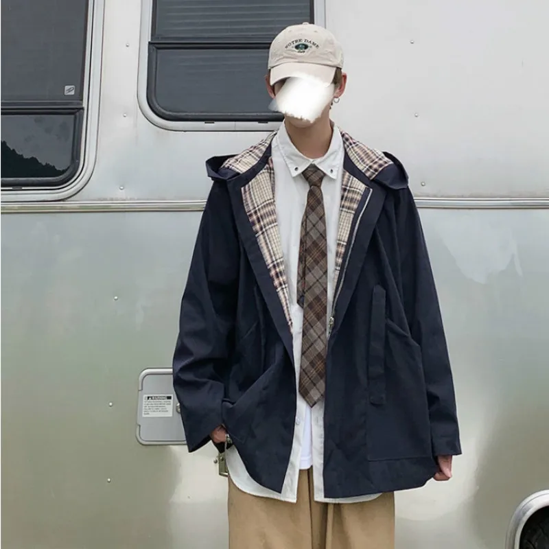 

Men Trench Plaid Hooded Coats Cargo Ulzzang Harajuku Korean Style Students Simple Fashion Male Outwear Baggy All-match Chic Ins