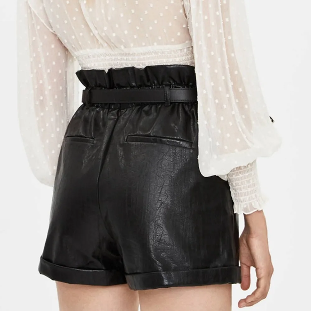 PU Leather Wide-legged Shorts Autumn Winter Women Fashion High Waist Ruffled Girls A-line Faux Bottoms | Женская одежда