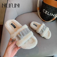 fall rhinestone sequins cloth soft slippers home slip on slides open toe black white simple casual women shoes wool muller flats