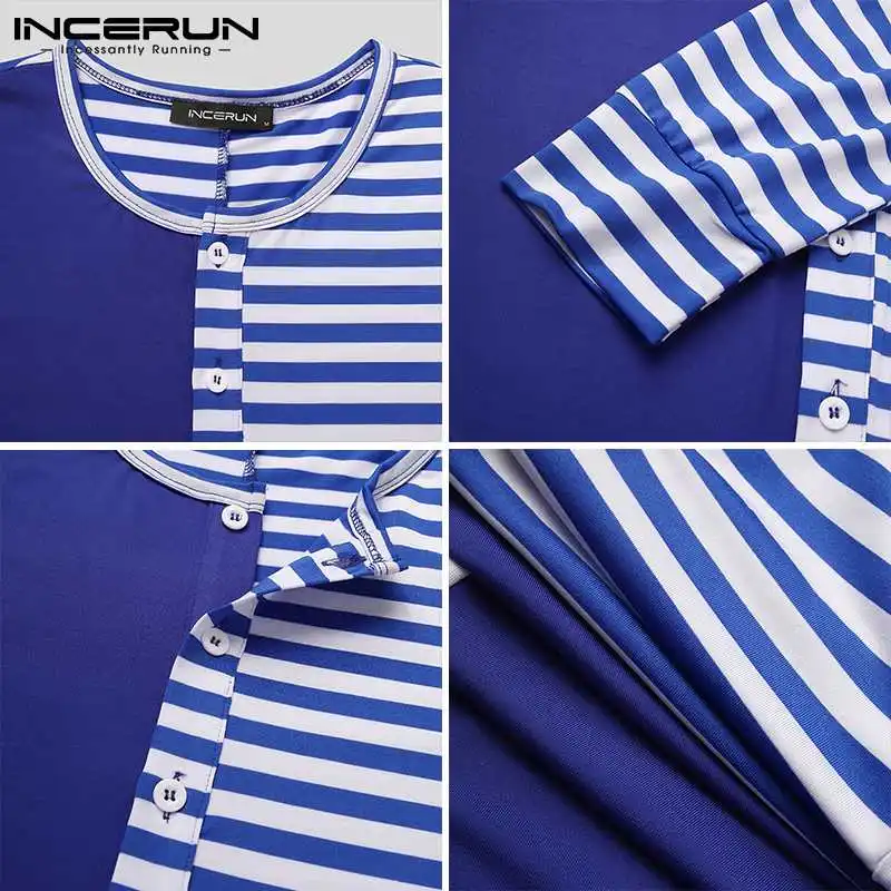 

2021 Men Pajamas Jumpsuits Striped Patchwork Homewear Rompers O Neck Long Sleeve Cozy Leisure Men Overalls Nightwear 5XL INCERUN