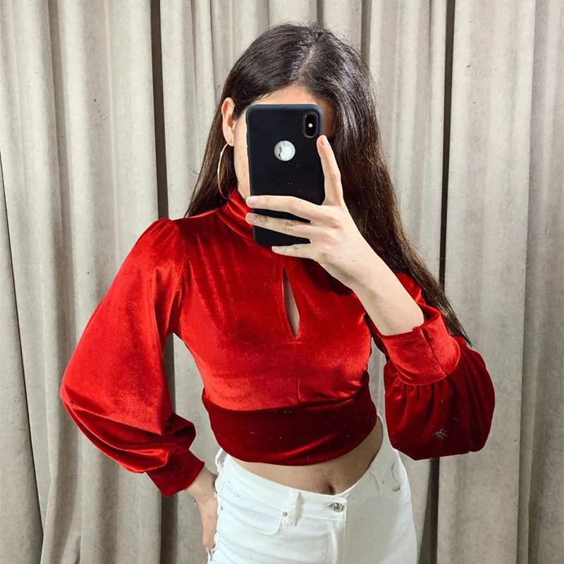 Женская бархатная Винтажная футболка черная Элегантная укороченная с длинным