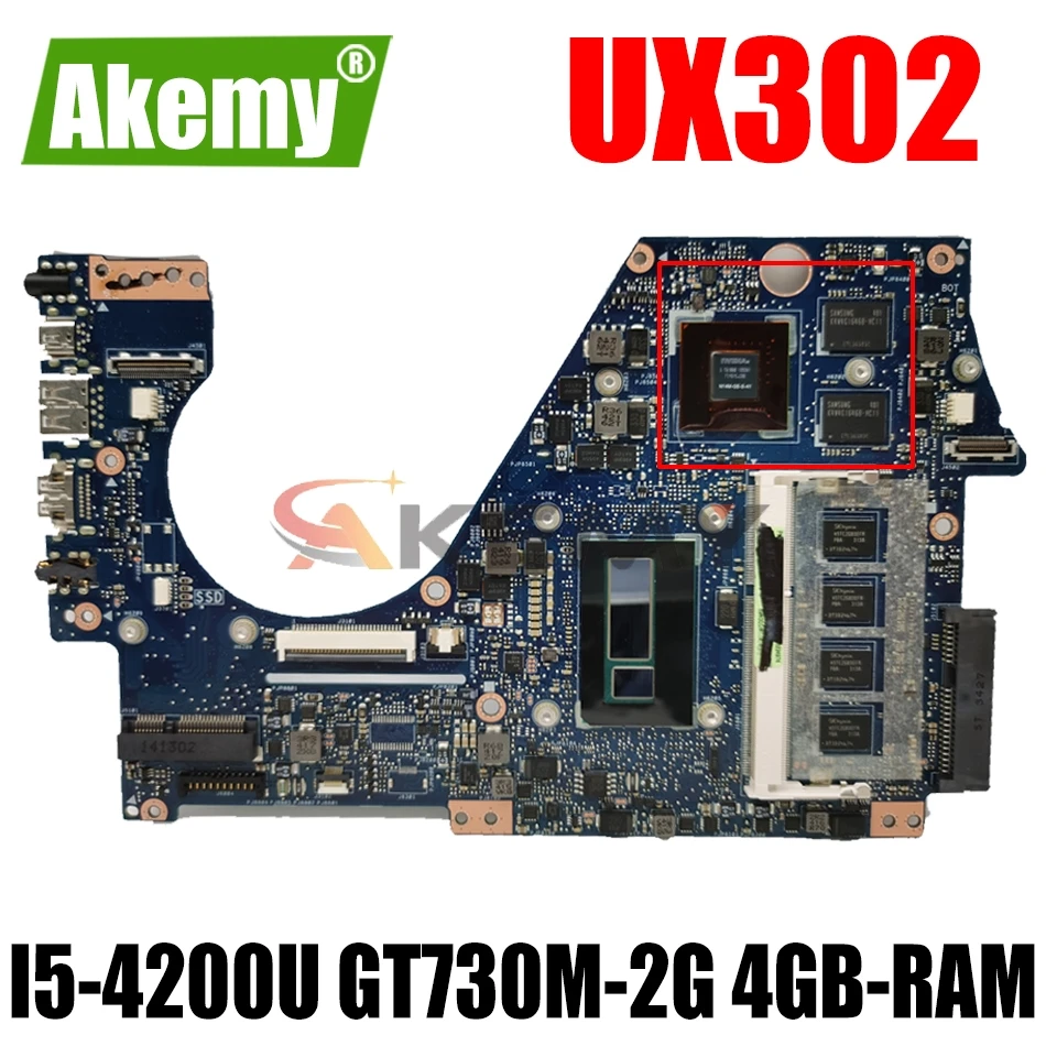 

AKEMY UX302 Laptop Motherboard For ASUS UX302LG UX302L Original Mainboard 4GB-RAM I5-4200U GT730M-2G