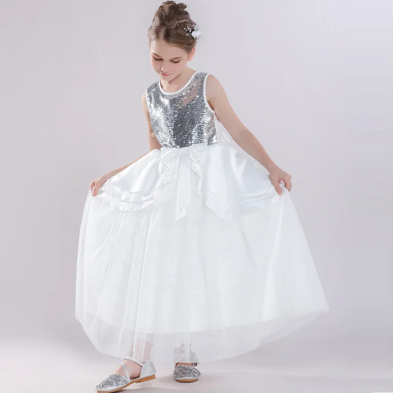 

Girls 4-13Y Ankle Length Sleeveless Silver Sequins Birthday Dress Fashion Bow Princess Dancing Graduation Event Party Dresses