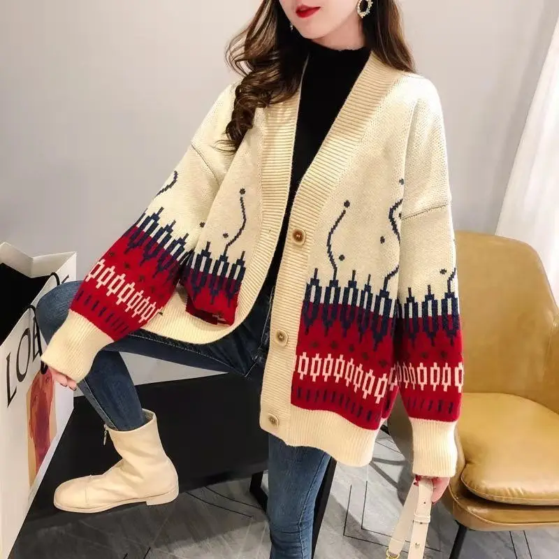 

Autumn And Winter Fashion New Korean Women's Coat Loose Color Matching Long-sleeved Shirt Knitted Sweater V-neck Cardigan