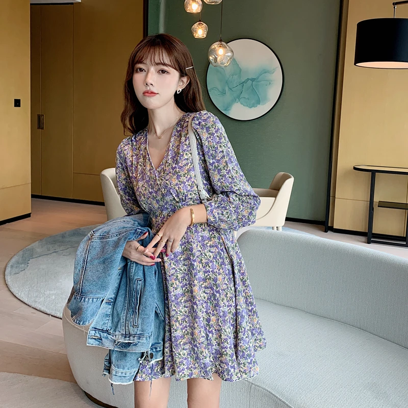 

V-Neck Korean Floral Dresses Show New Thin Film French Romantic Long Sleeve Dress On Holiday 2021 Spring Summer Top Print Fairy