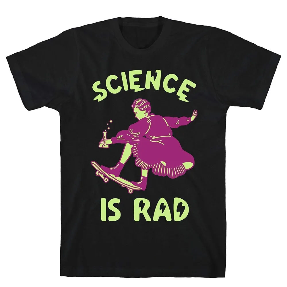 LookHUMAN Science is Rad (Marie Curie) Черная Мужская хлопковая футболка с коротким принтом и