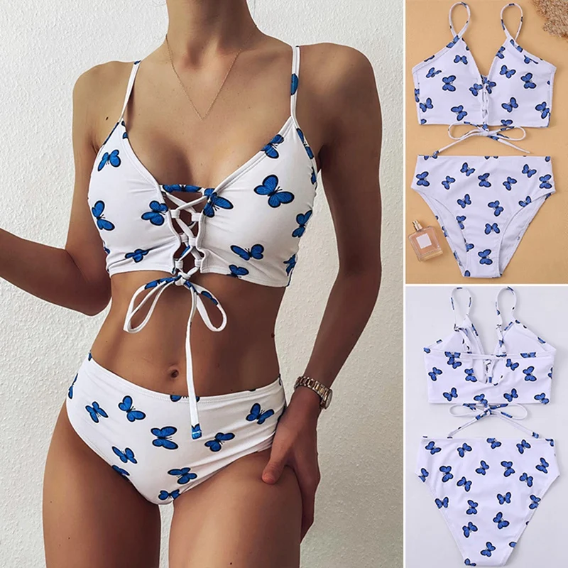 

Sexy Butterfly Print Bandage Thong Bikini Women Swimwear Female Swimsuit Set Bathing Suit Swim