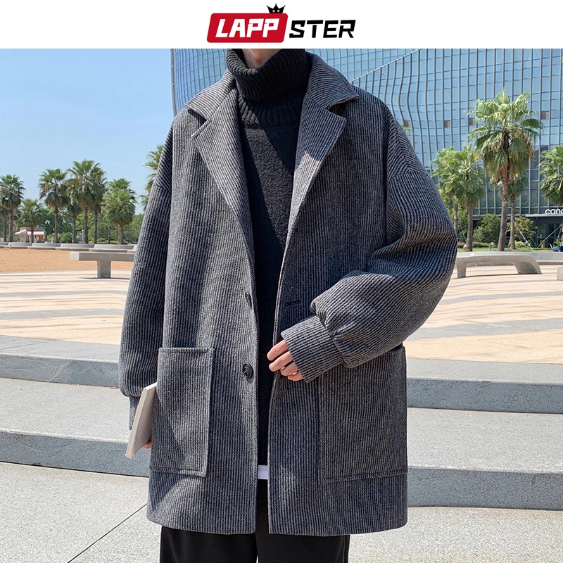 

LAPPSTER Men Solid Khaki Korean Wool Trench Coat 2022 Mens Harajuku Vintage Fashion Jackets Coats Male Streetwear Winter Coat