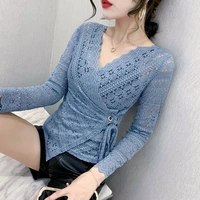 2021 autumn women lace top long sleeve sexy v neck bow tie crochet white shirt fashion hollow out blouse blusa