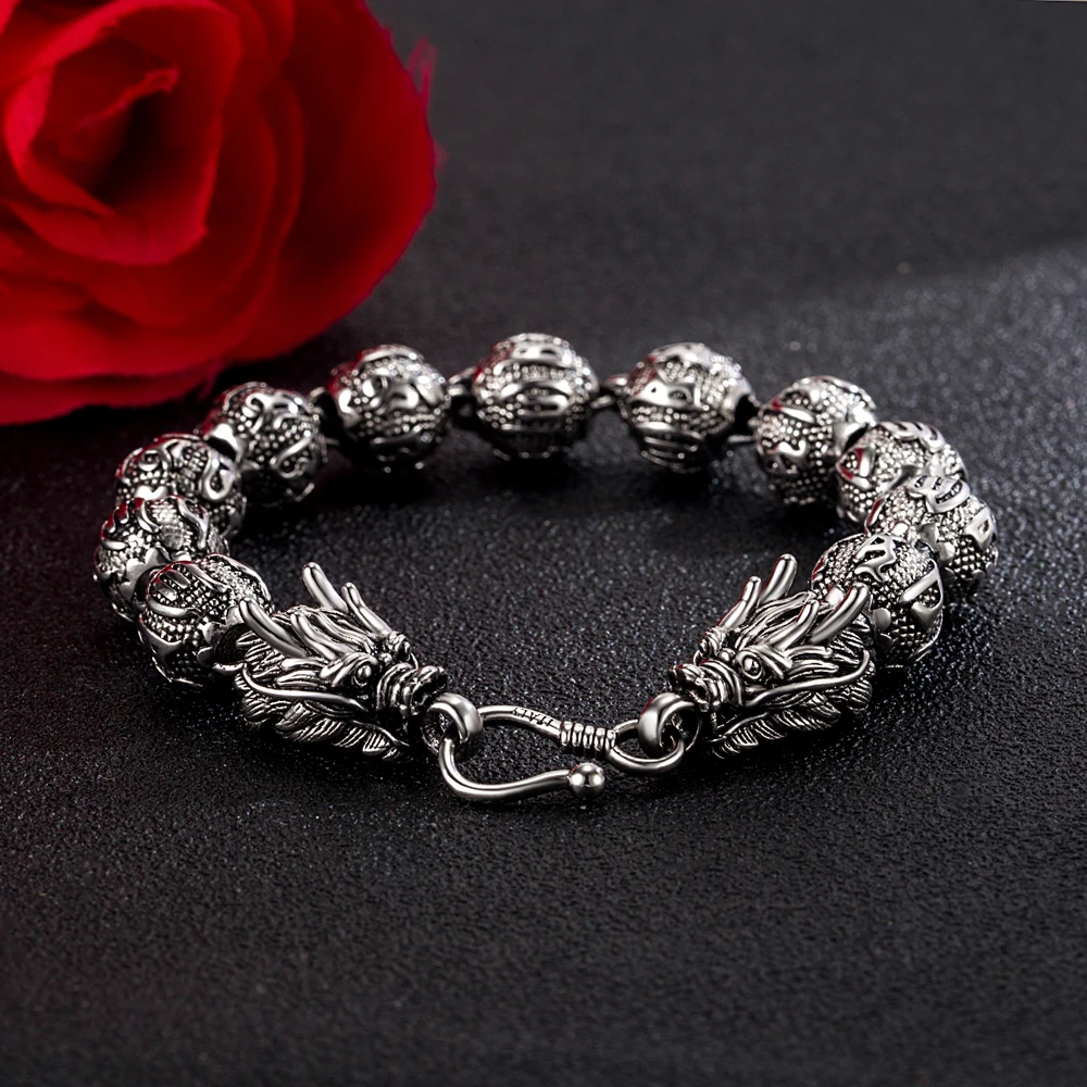 

Vintage Men's 925 Thai Silver Bracelet-Chinese Dragon Bead Chain-Sterling Silver Bracelet 19-24cm Length-Christmas Gifts-bijoux