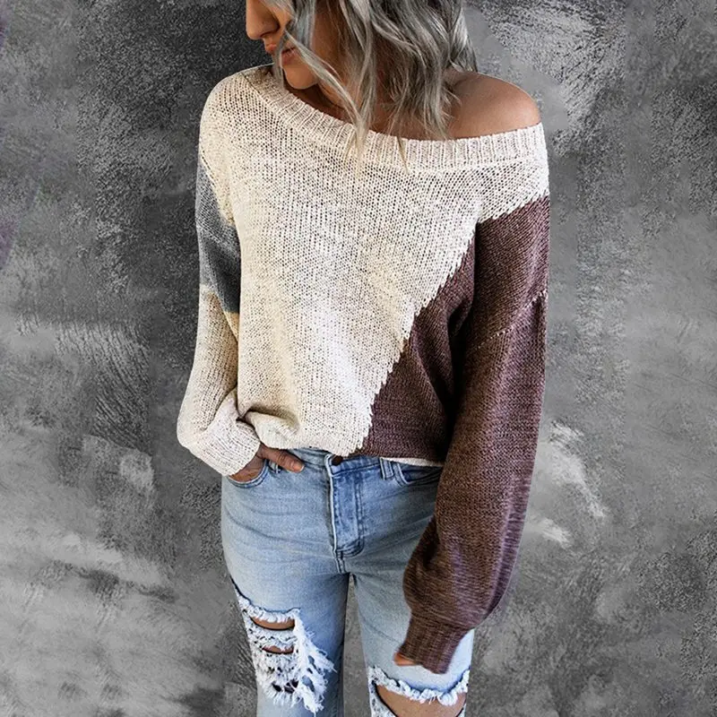 

Laamei Women's Sweaters Sandstone Sweater 2021 Autumn Patchwork Kintted Balloon Sleeve Pullovers Brown Cropped Knitwear Tops