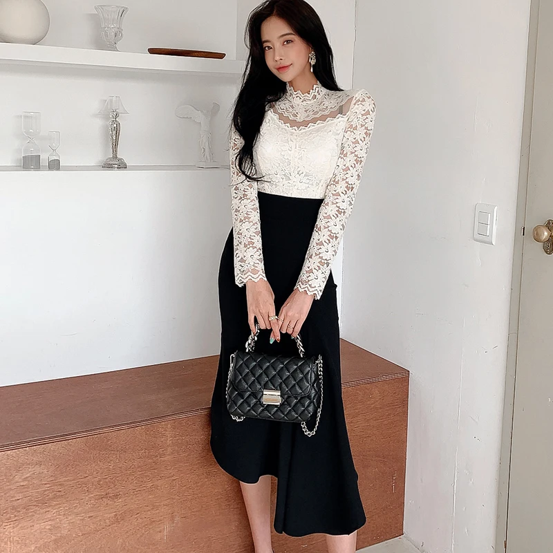 

New 2 Piece Set Korean Style Women Stand Collar Long Sleeve Lace Top + Black High Waist Slim Bodycon Skirt Suits 2021 Spring