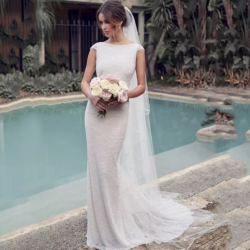 Женское свадебное платье с юбкой-годе круглым вырезом и открытой спиной | Свадьбы