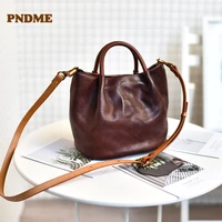 pndme retro fashion genuine leather ladies small handbags natural cowhide casual simple one shoulder messenger bucket bag