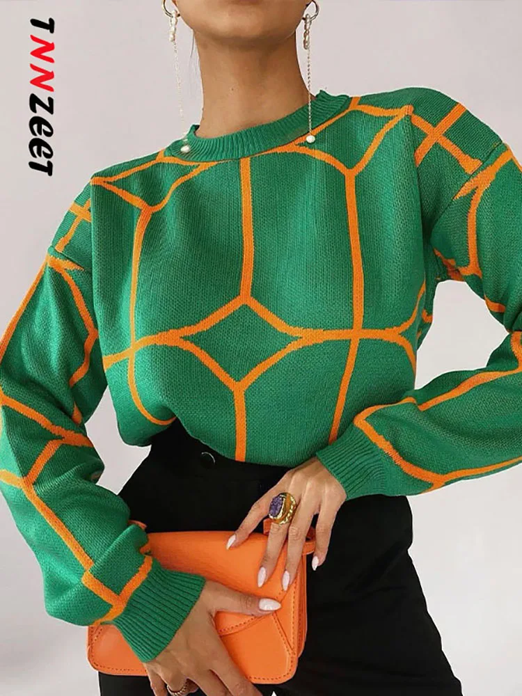 

Элегантный женский свитер TNNZEET, зеленый полосатый вязаный пуловер, уличная одежда, зимний Топ с длинным рукавом, джемперы, винтажные свитера
