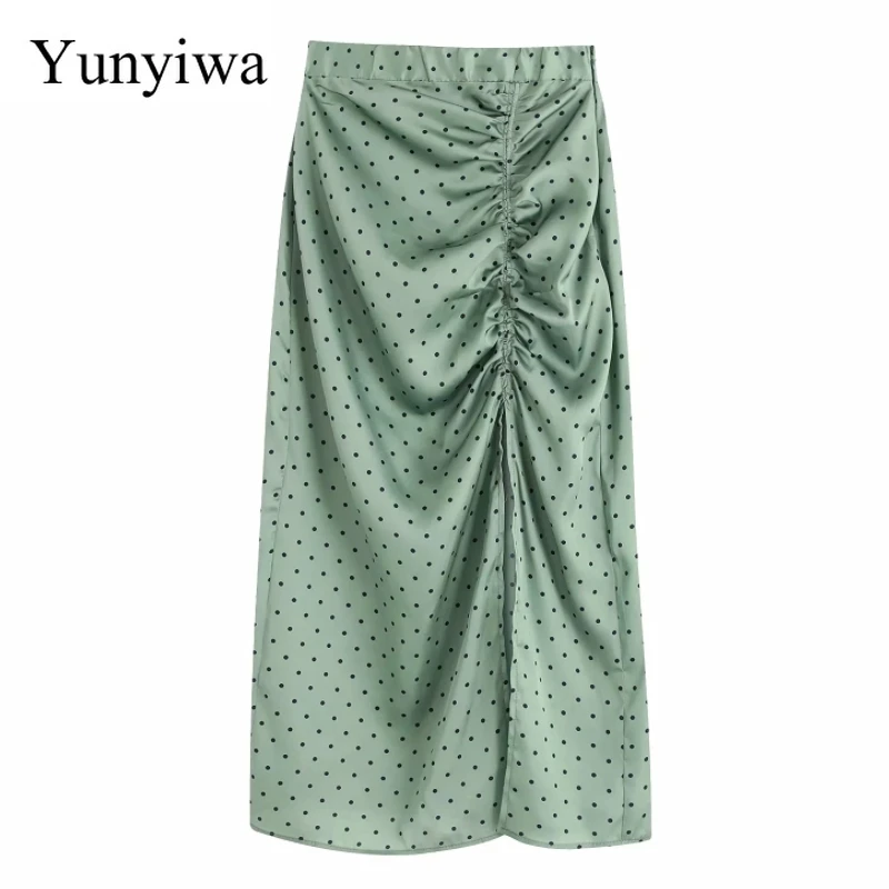 Женская винтажная юбка миди в горошек плиссированная с разрезом на кулиске