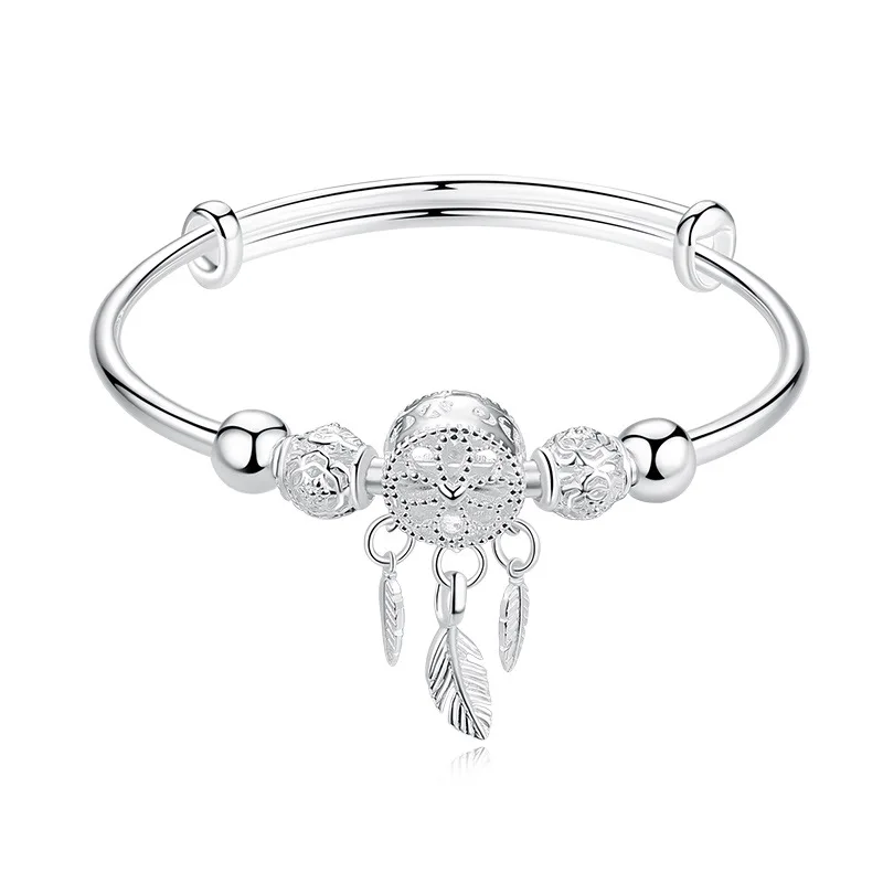 

Adjustable 925 Sterling Silver Dreamcatcher Tassel Feather Round Bead Charm Bracelet &Bangle For Women Elegant Jewelry