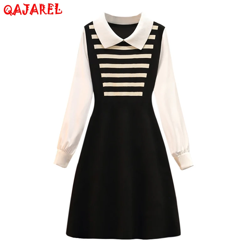 

Black Knitted Cotton Patchwork Striped Midi Dress Autumn Winter Korean Vintage Casual Dress 2022 New Elegant Bodycon Party Dress