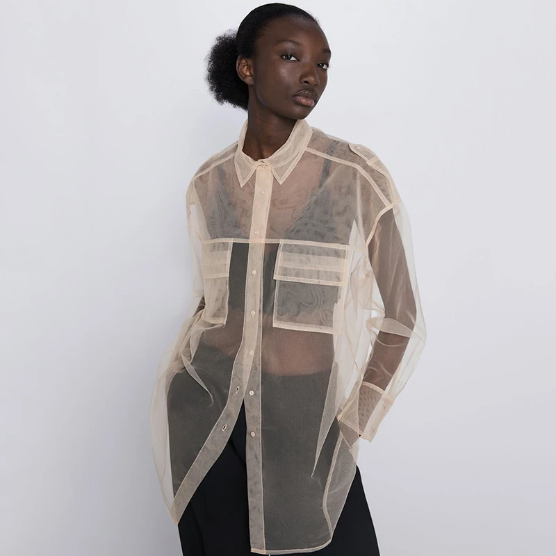 Новинка весна-осень 2020 женская модная прозрачная длинная рубашка ZA с длинными