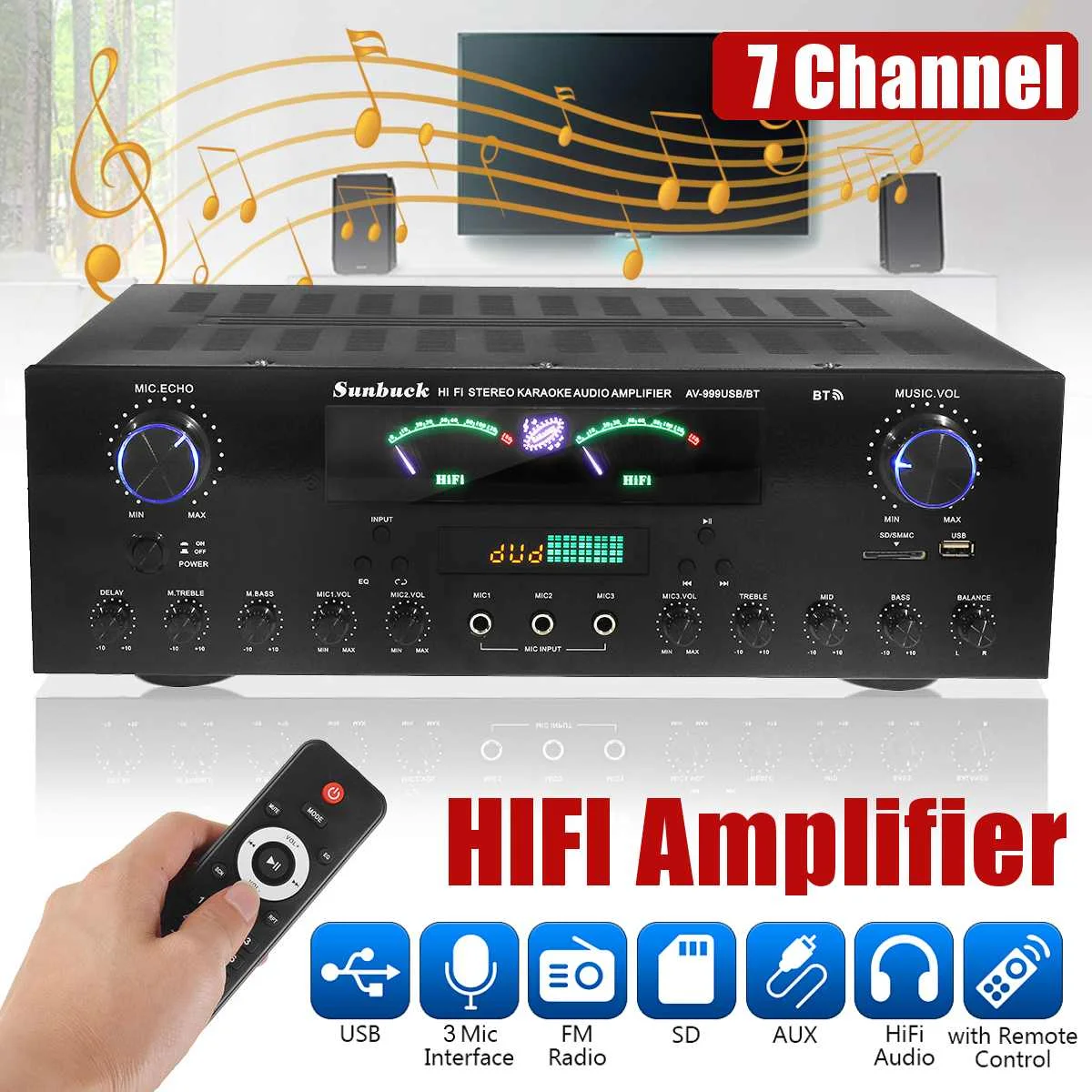 SUNBUCK 3000W bluetooth 7 каналов аудио Мощность усилитель 110V 220V AV Динамик с пультом