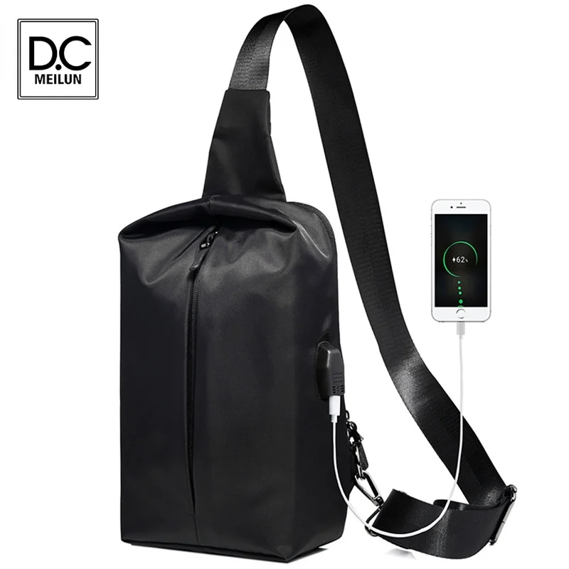 

Нагрудная сумка DC.meilun для мужчин, повседневная функциональная сумочка черного цвета с двумя разъемами для наушников, мессенджеры на плечо