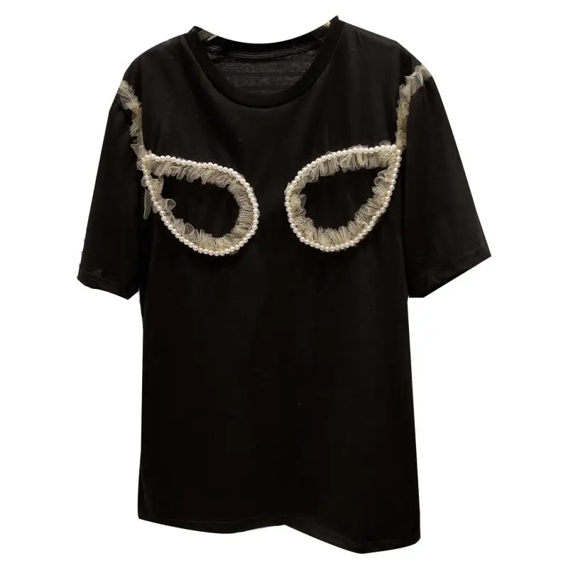 

2021 Summer New Mesh Pearl Embroidery Glasses Women T Shirt Round Neck Short Sleeve Female T Shirt Summer Tops for Women