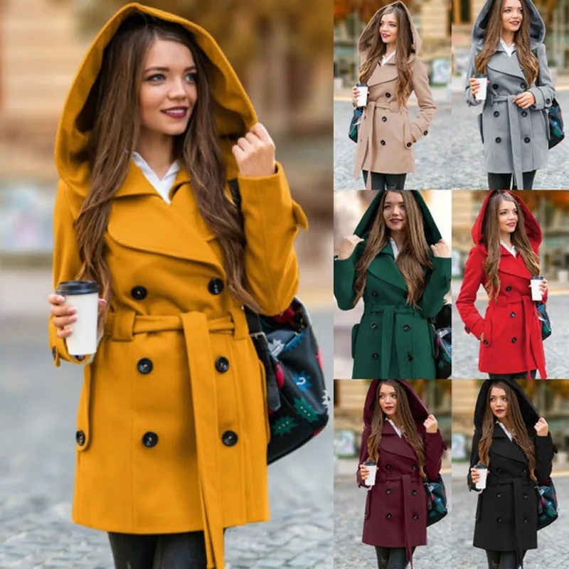 2019 осенне зимнее женское теплое пальто двубортное с капюшоном длинная куртка