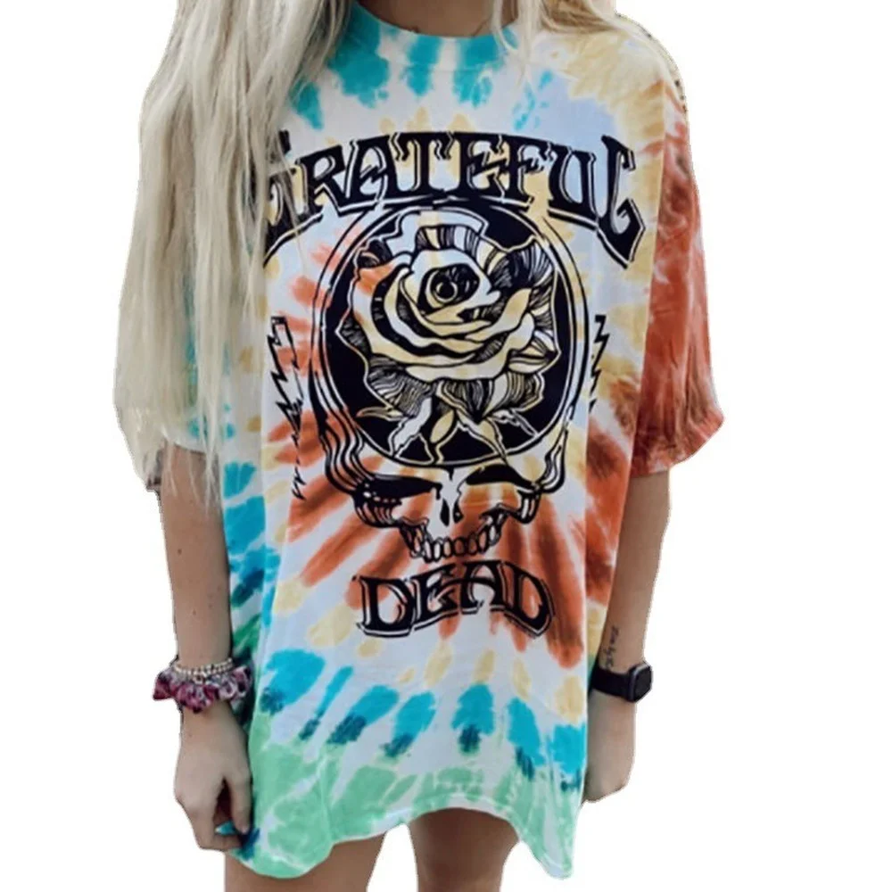 

Lugentolo Summer Loose Tshirt Women Plus Size Round Neck Short Sleeve Tees Tie Flowers Loose Tops for Women