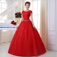 red wedding dress net rhinestone o neck short sleeves lace applique lace up bridal ball gown
