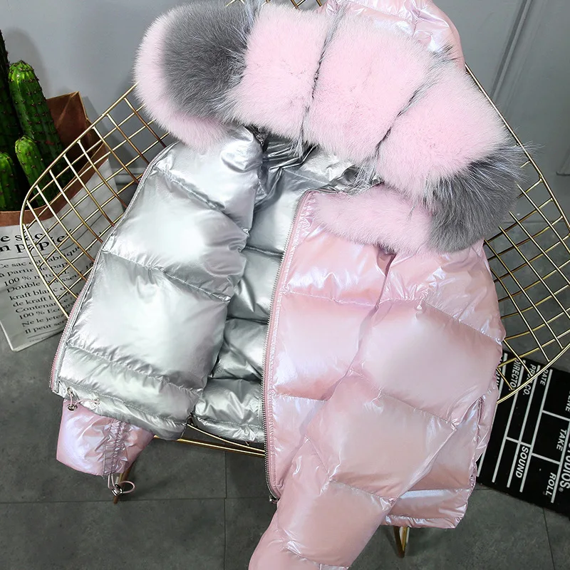 

Winter 2020 new big hair fox down jacket female collar double face mesh red bright silver coat short for women