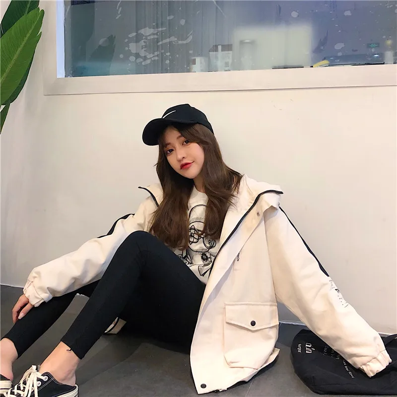 Осенняя Женская куртка бомбер уличная Harajuku BF с капюшоном Свободное пальто в