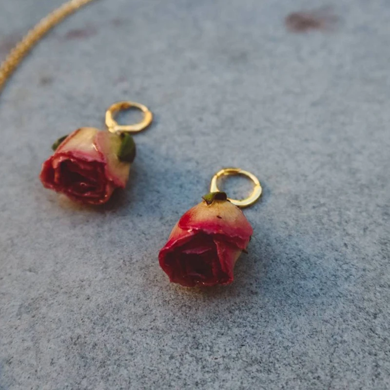 

Set-Pink Blooming Rose Stainless Steel-Resin Real Rose Bud-Necklace and Earring Set-Floral Jewelry Set