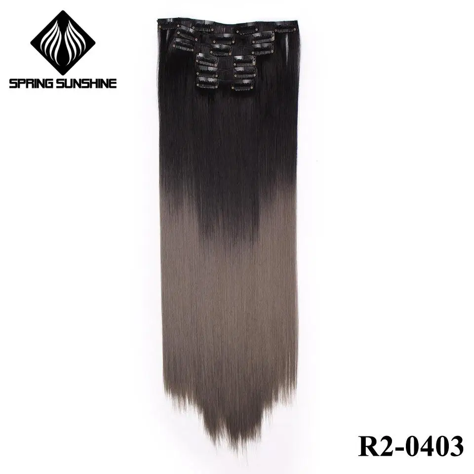 Весна солнце длинные шелковистые прямые Омбре серые синтетические волосы для наращивания на заколках 16 клипс поддельные волосы натуральные 22 дюйма 140 г - Цвет: R2-0403