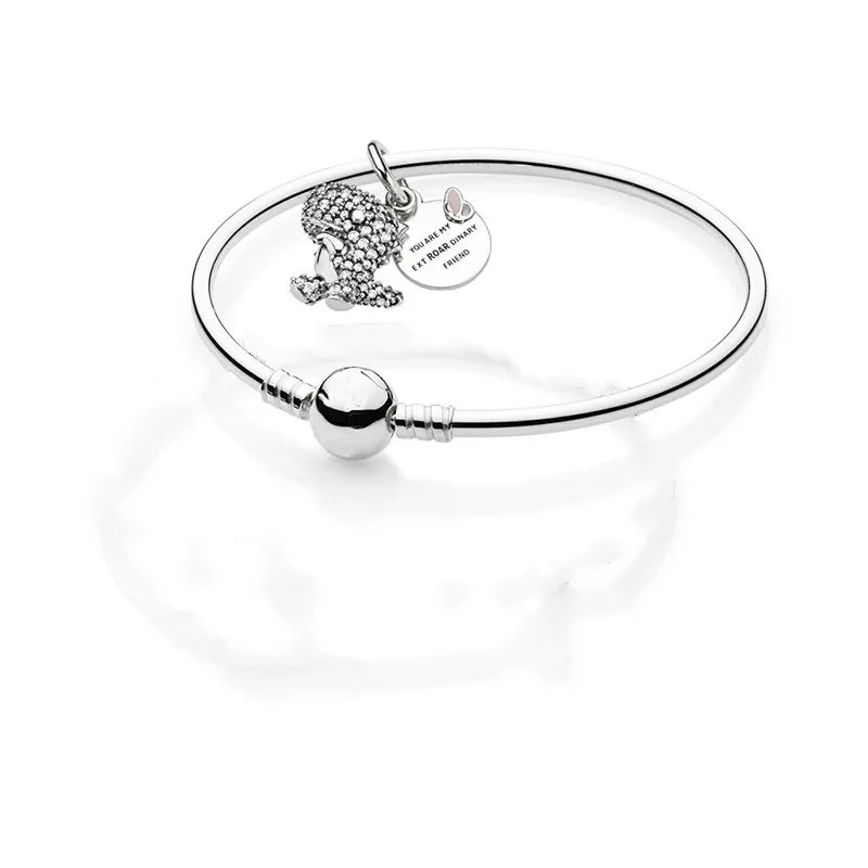 

925 sterling Silver Best Friends Pave Dinosaur Hanging Charm Original pan Bracelets Bangle Set for Women