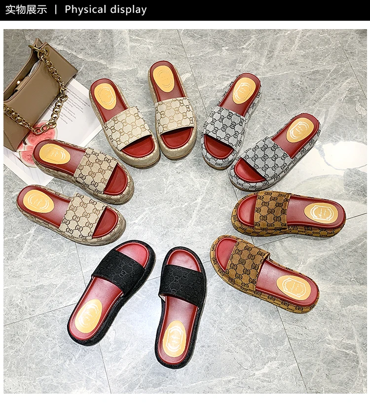 

2020 summer high-quality canvas surface women slippers thick bottom word drag women's shoes sandals high heels Ms casual shoes