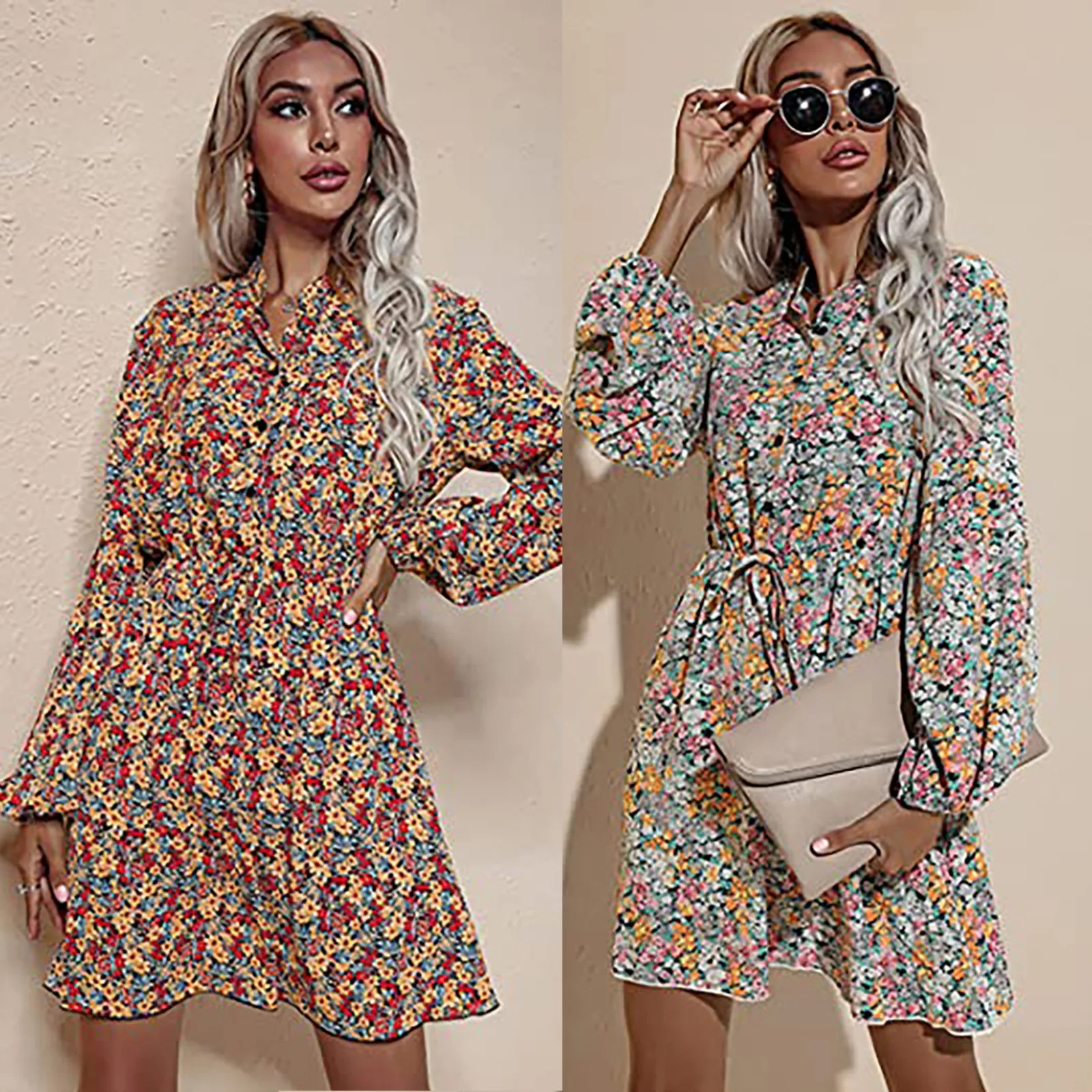 

57# Women Spring Vintage Floral Print Dress Casual Long Sleeve A Line Print Dress Female Chiffon Party Mid Dress Vestidos Robe