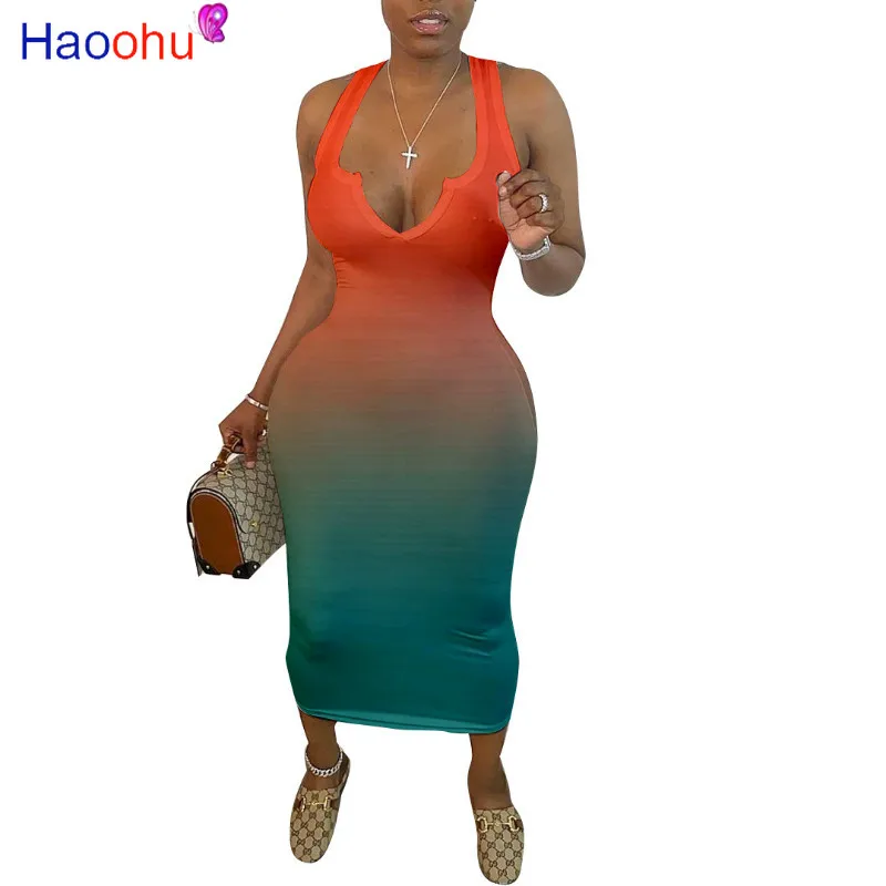 

HAOOHU Tie Dye Print Sexy Long Dress Gradient Color Maxi Dresses Sleeveless Vintge Vestidos Beach Party Club Outfis Sundress