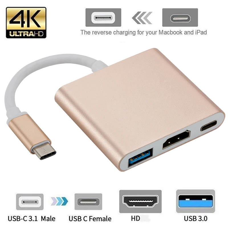 

3 in 1 USB C HDMI-compatible USB 3.0 Thunderbolt 3 Type C Hub to HDMI 4K Converter Adapter for Apple MacBook Aluminum Adapter
