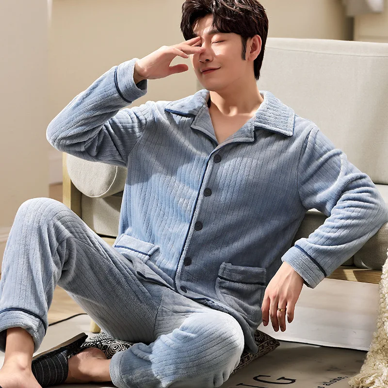 Two Piece Shirt&Pants Lounge Wear Coral Fleece Male Sleepwear Winter Warm Pajamas Set  Soft Flannel Home Clothes Pyjamas