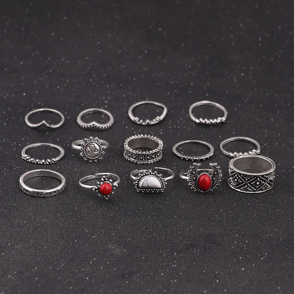 14 шт./компл. Ретро Античное серебряное очаровательное кольцо с красной