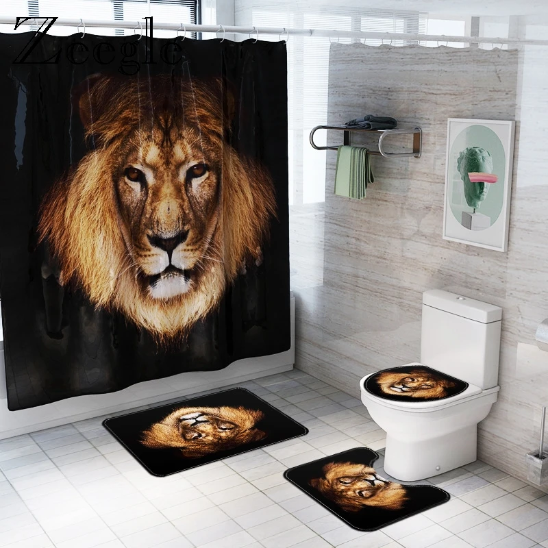 

Zeegle ванной Ковер душ занавес Антипробуксовочная Bath Mat Set Lion Printed Водонепроницаемая занавес ванной комнаты Ванная комната Крышка унитаза