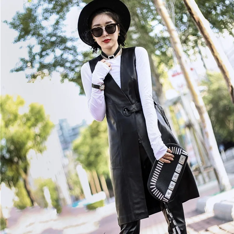 Модная женская повседневная куртка без рукавов из натуральной кожи длинный