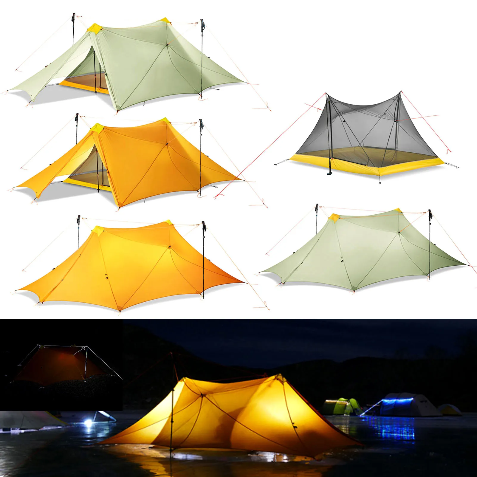 Ultralight 4 Persons 3 Seasons Camping Tent 20D Double-sided Silicone Coated Nylon 1150g Flysheet/Breathing Mesh 730g Inner Tent